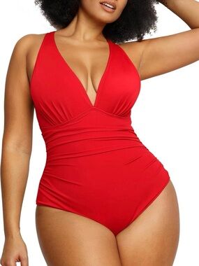 SHAPELLX Red Plunge One-Piece Swimsuit - Women Swim NWT XL